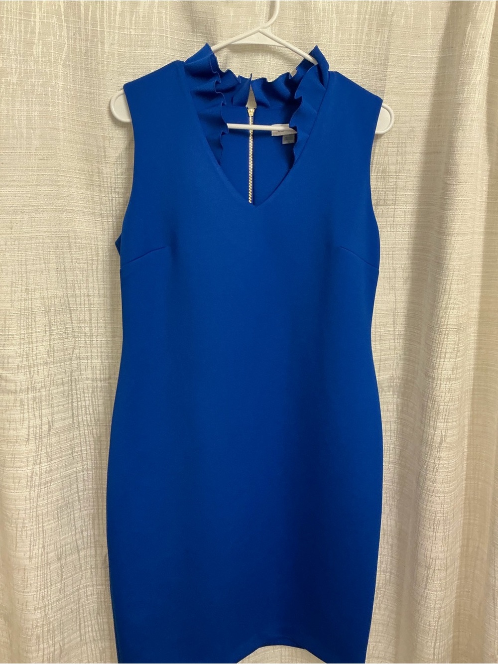 Calvin Klein Royal Blue Sleeveless Sheath Dress with Ruffle Collar